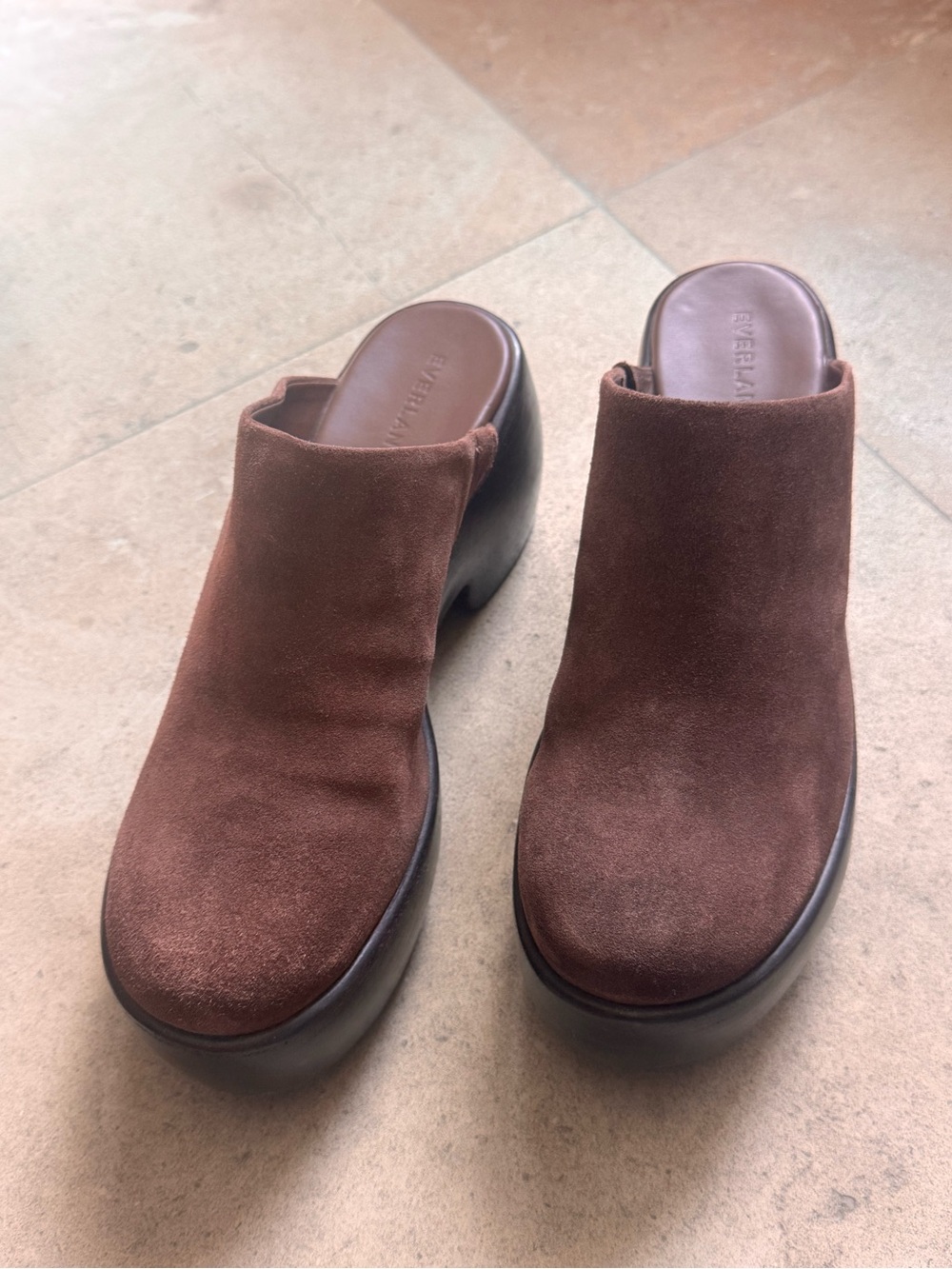 Everlane Chocolate Suede Platform Mules